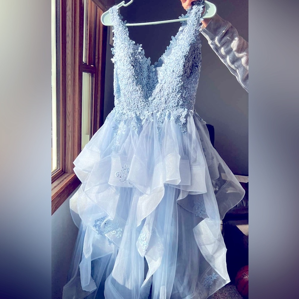 Milly Blue Asymmetrical Ruffled Prom Gown